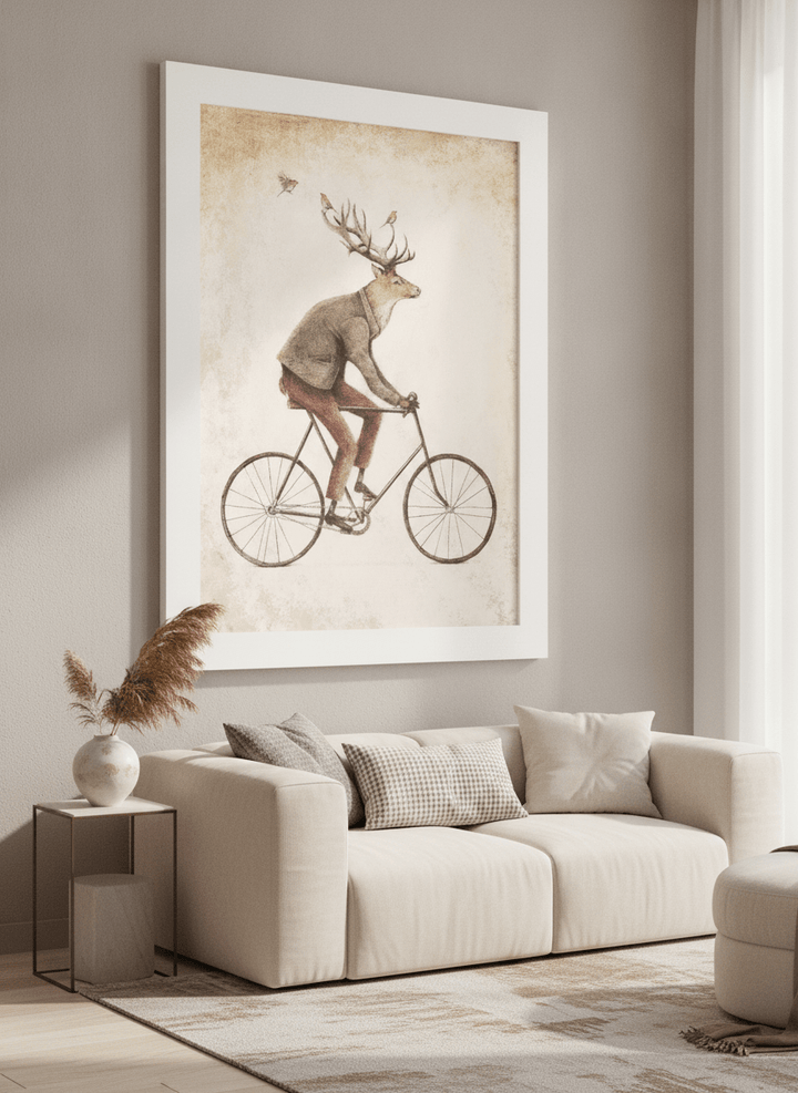 Modern wall art styled above a sofa in a neutral living room