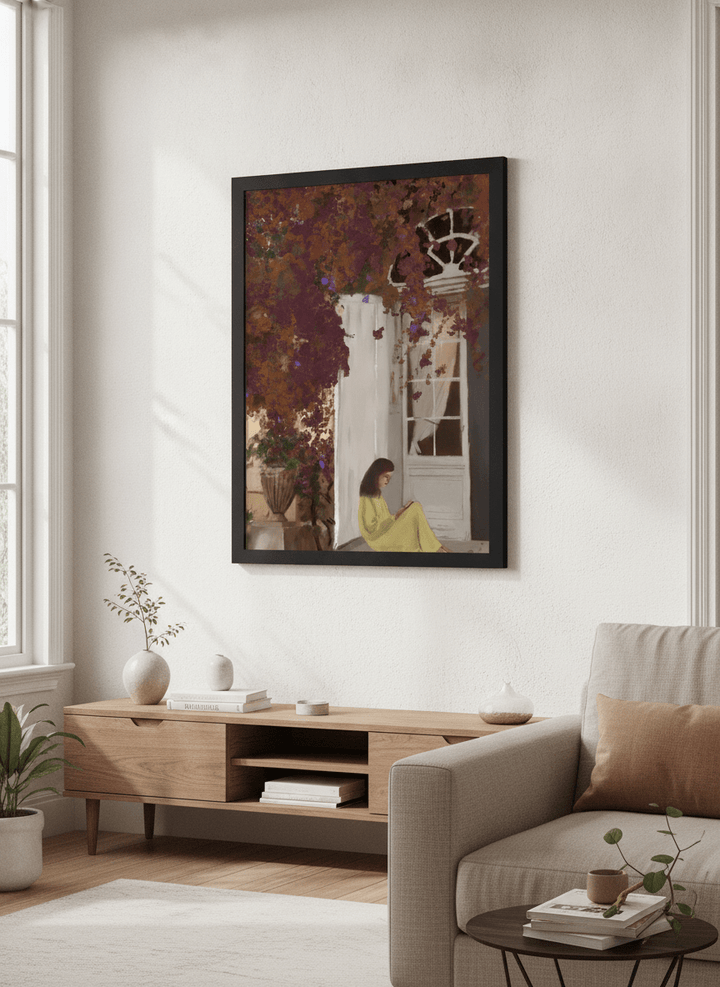 Artwork displayed above a credenza in a real-looking contemporary home