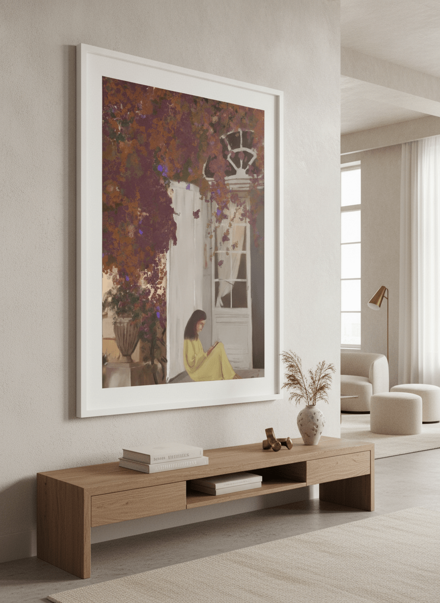 Monumental artwork centred on a feature wall in a luxe interior
