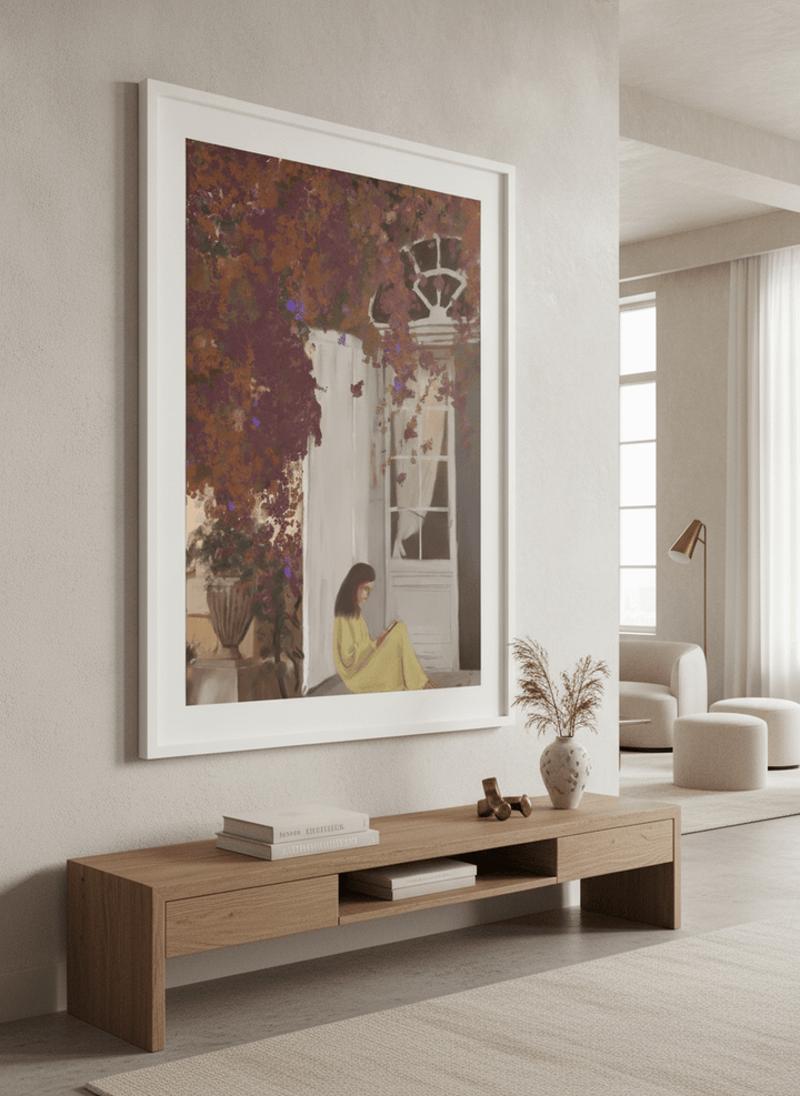 Monumental artwork centred on a feature wall in a luxe interior