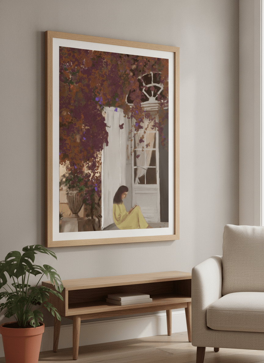 Modern wall art styled above a sofa in a neutral living room