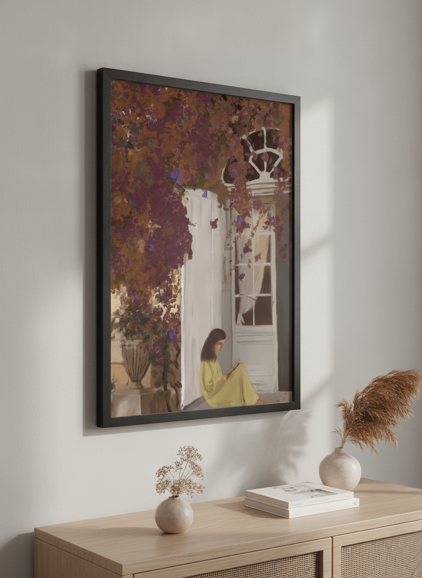 Minimalist artwork displayed in a calm, light-filled bedroom interior