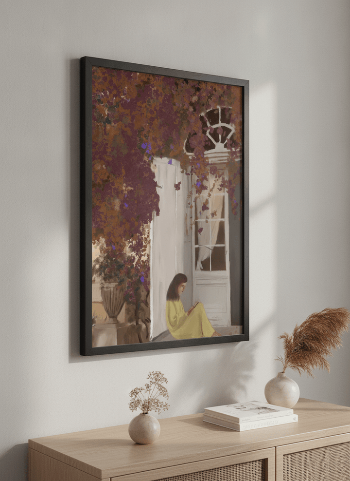 Minimalist artwork displayed in a calm, light-filled bedroom interior