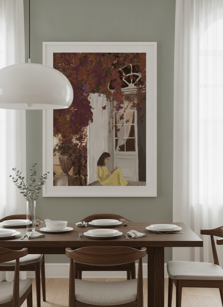 Wall art styled above a dining table in a contemporary home