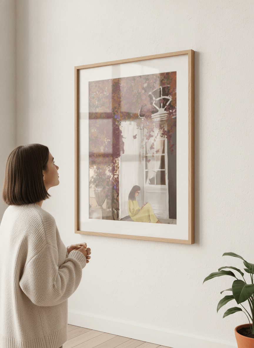 Person showcasing the artwork against a clean modern interior wall