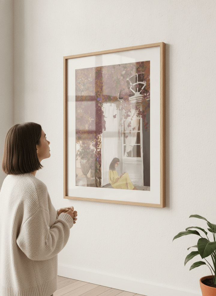 Person showcasing the artwork against a clean modern interior wall