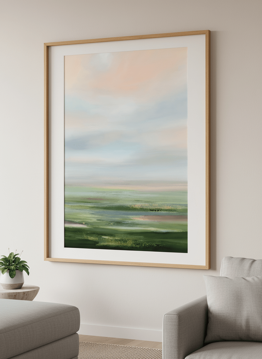 Modern wall art styled above a sofa in a neutral living room