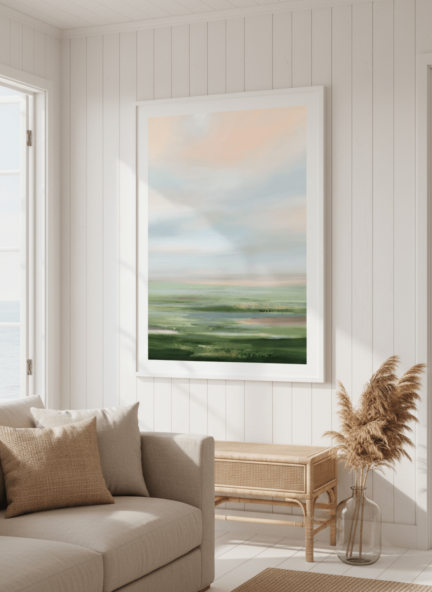 Neutral wall art displayed in a sunny coastal beach house