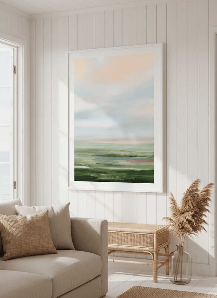 Neutral wall art displayed in a sunny coastal beach house