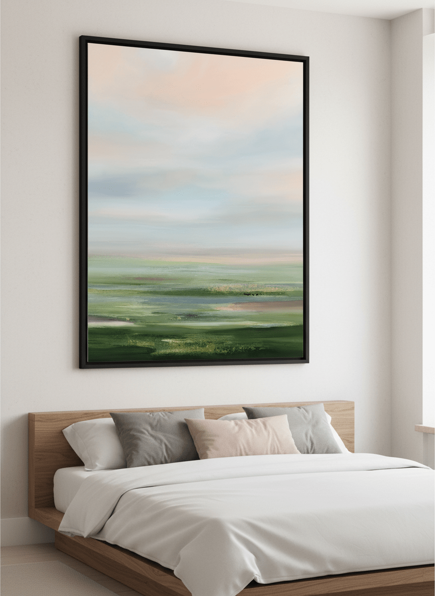 Minimalist artwork displayed in a calm, light-filled bedroom interior