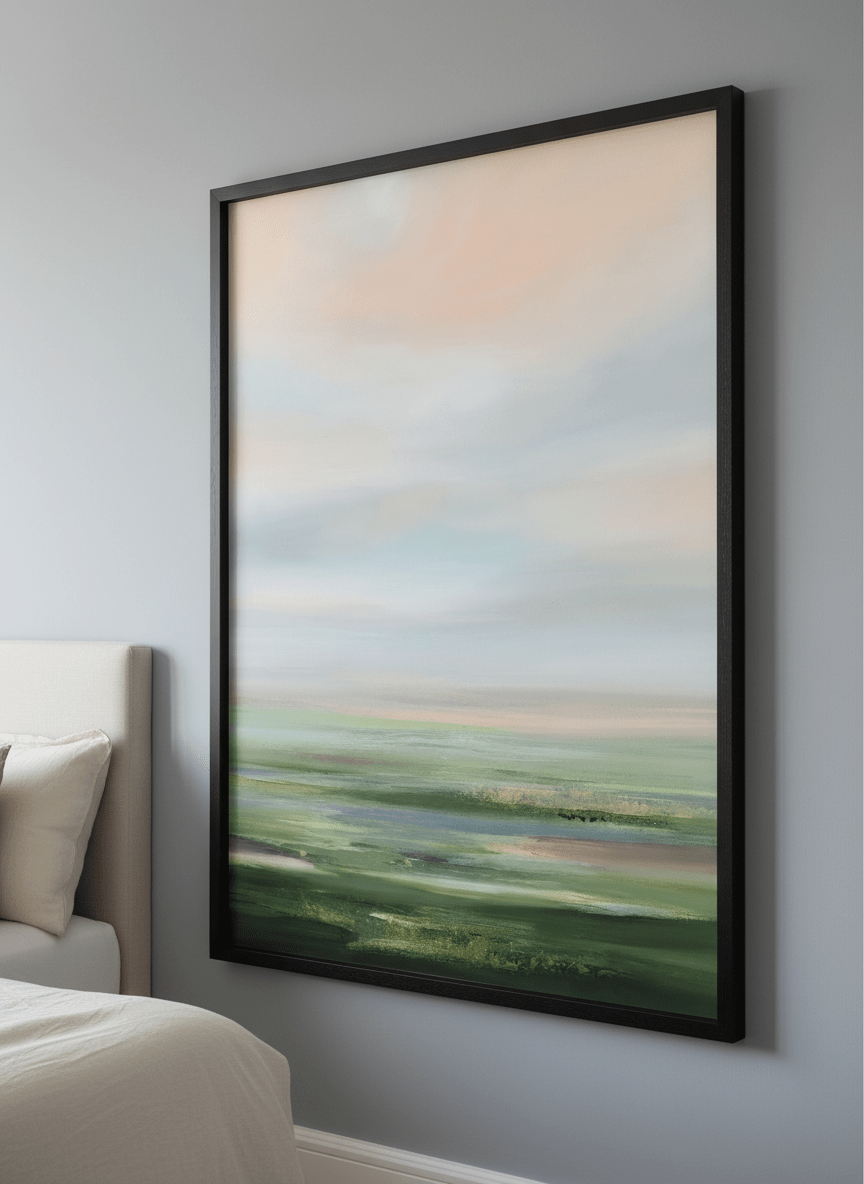 Minimalist artwork displayed in a calm, light-filled bedroom interior