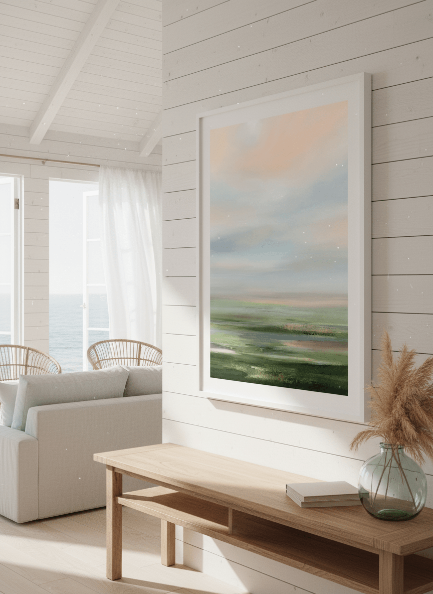 Neutral wall art displayed in a sunny coastal beach house
