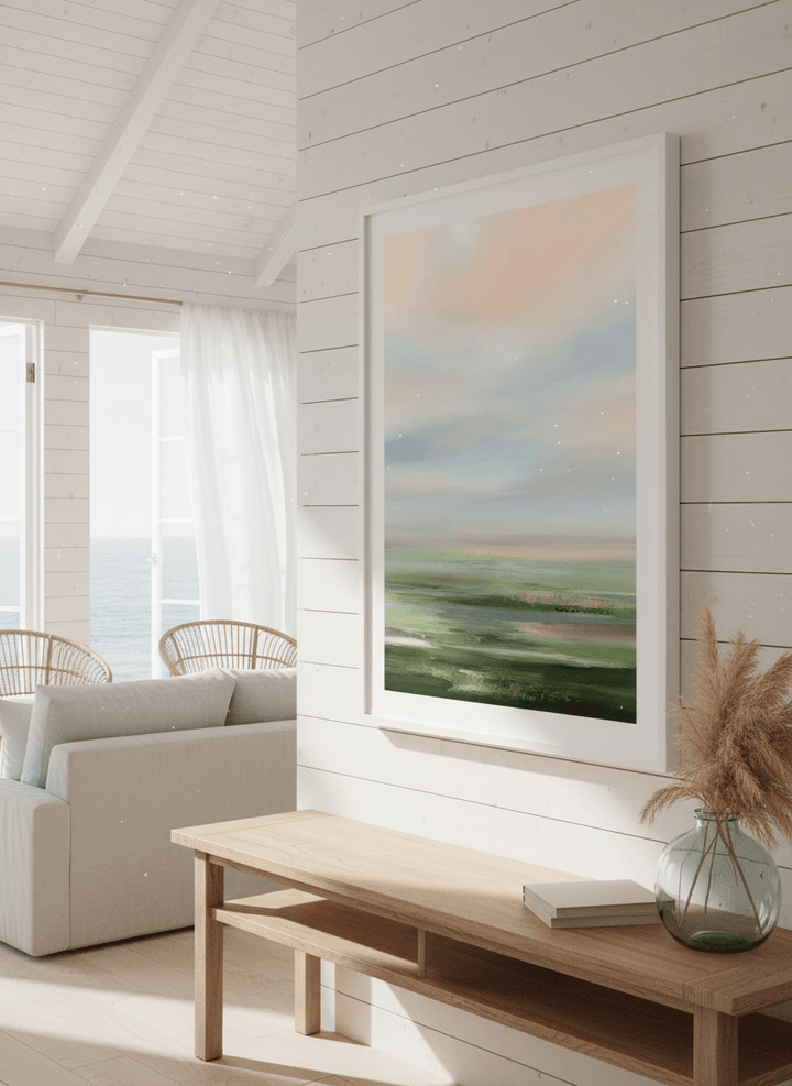 Neutral wall art displayed in a sunny coastal beach house