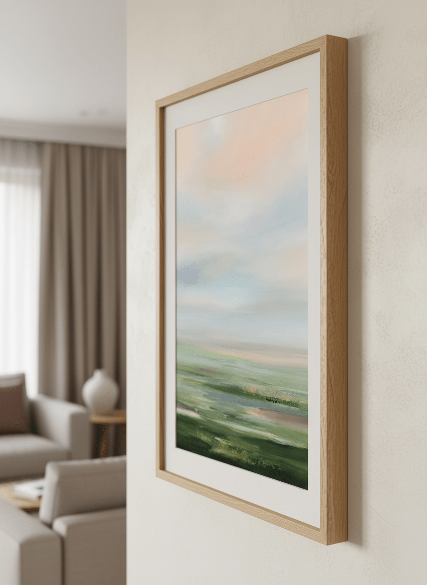 Modern wall art styled above a sofa in a neutral living room