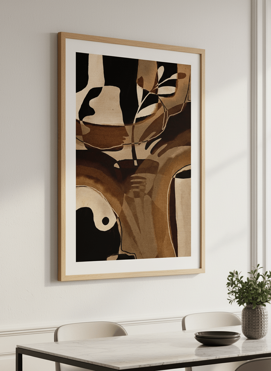 Wall art styled above a dining table in a contemporary home