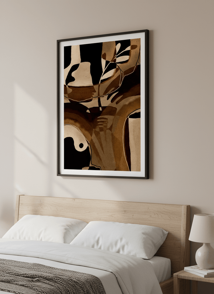 Minimalist artwork displayed in a calm, light-filled bedroom interior