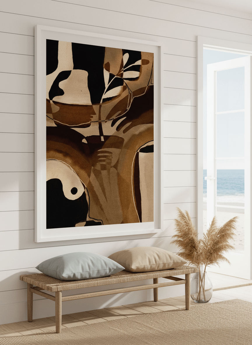 Neutral wall art displayed in a sunny coastal beach house