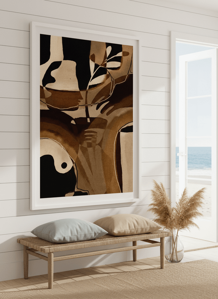 Neutral wall art displayed in a sunny coastal beach house