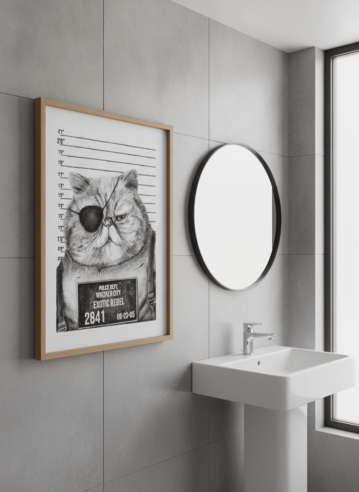 Modern print displayed in a clean minimalist bathroom setting