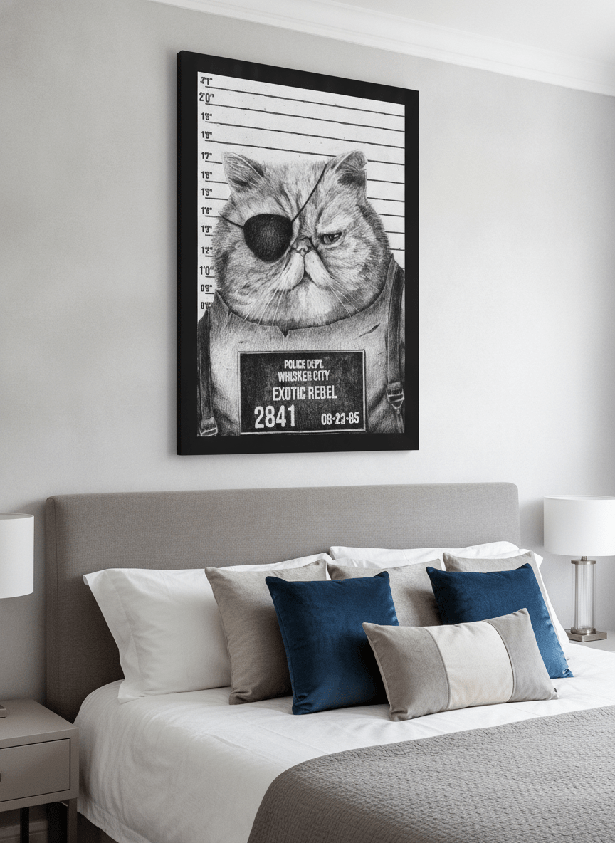 Minimalist artwork displayed in a calm, light-filled bedroom interior