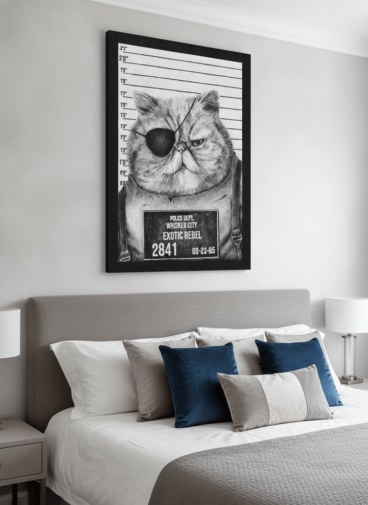 Minimalist artwork displayed in a calm, light-filled bedroom interior