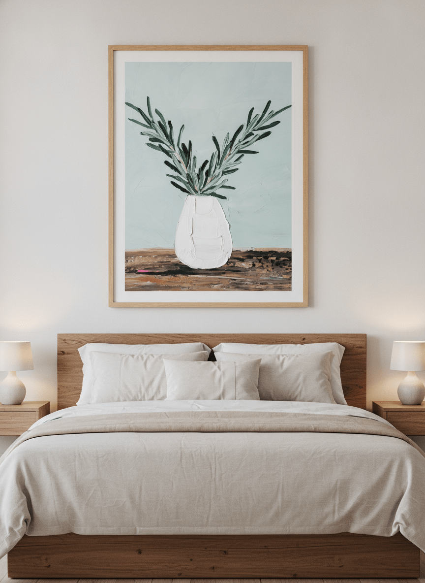 Minimalist artwork displayed in a calm, light-filled bedroom interior