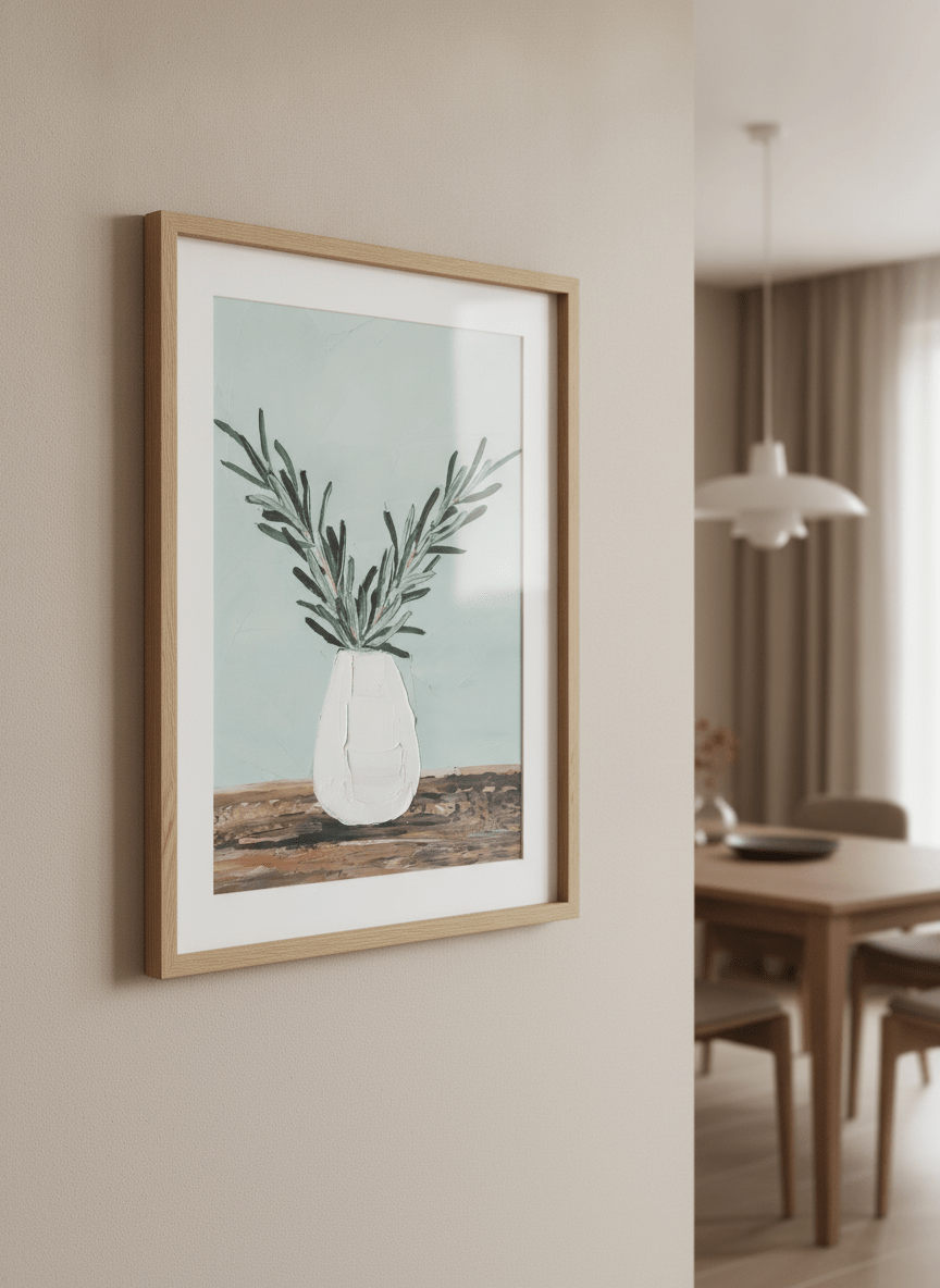Wall art styled above a dining table in a contemporary home