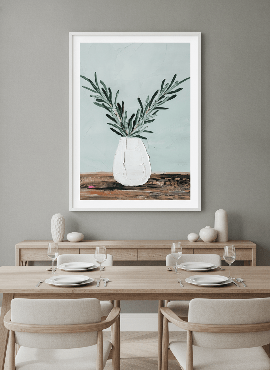 Wall art styled above a dining table in a contemporary home