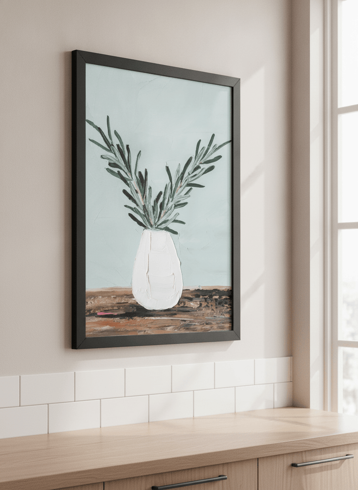 Artwork styled on the wall of a bright modern kitchen