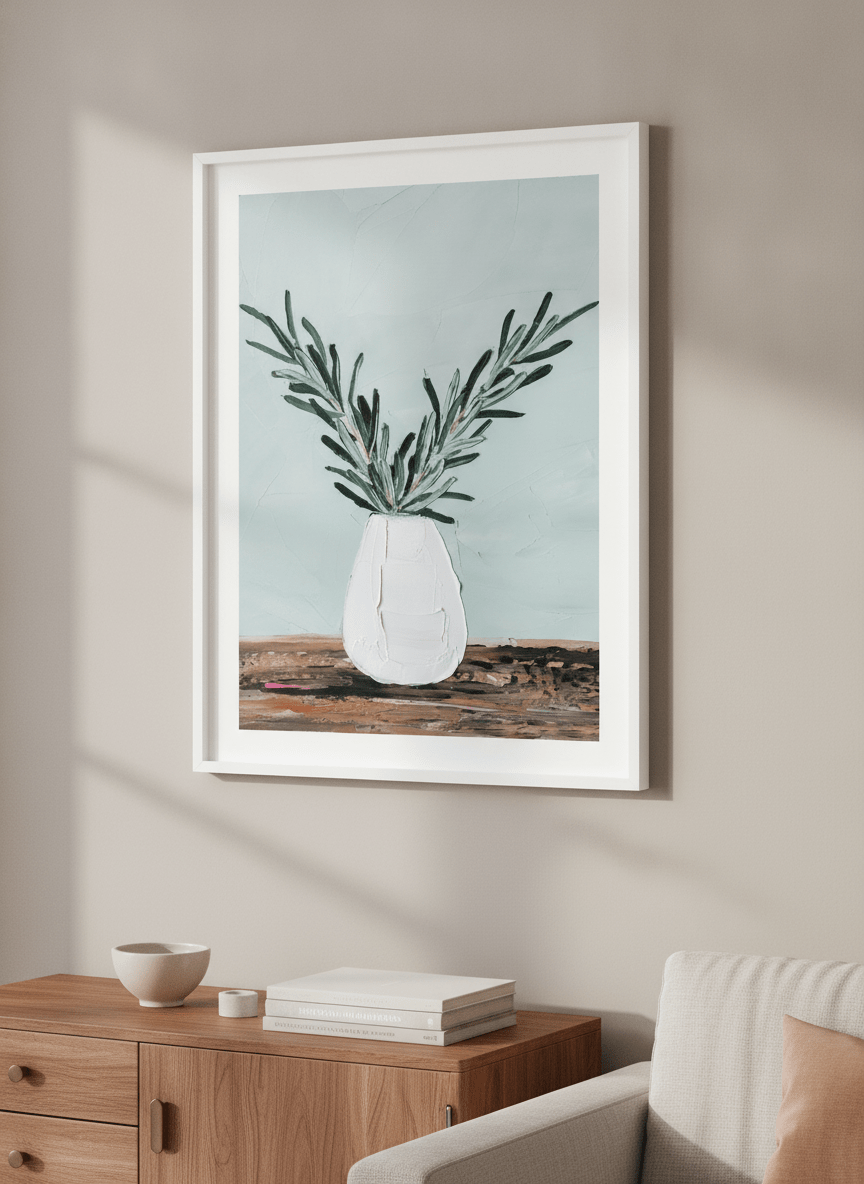 Modern wall art styled above a sofa in a neutral living room
