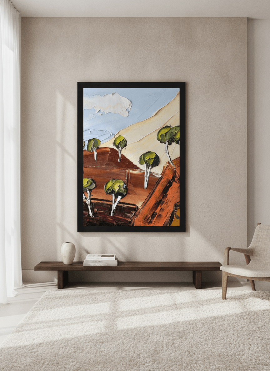 Monumental artwork centred on a feature wall in a luxe interior