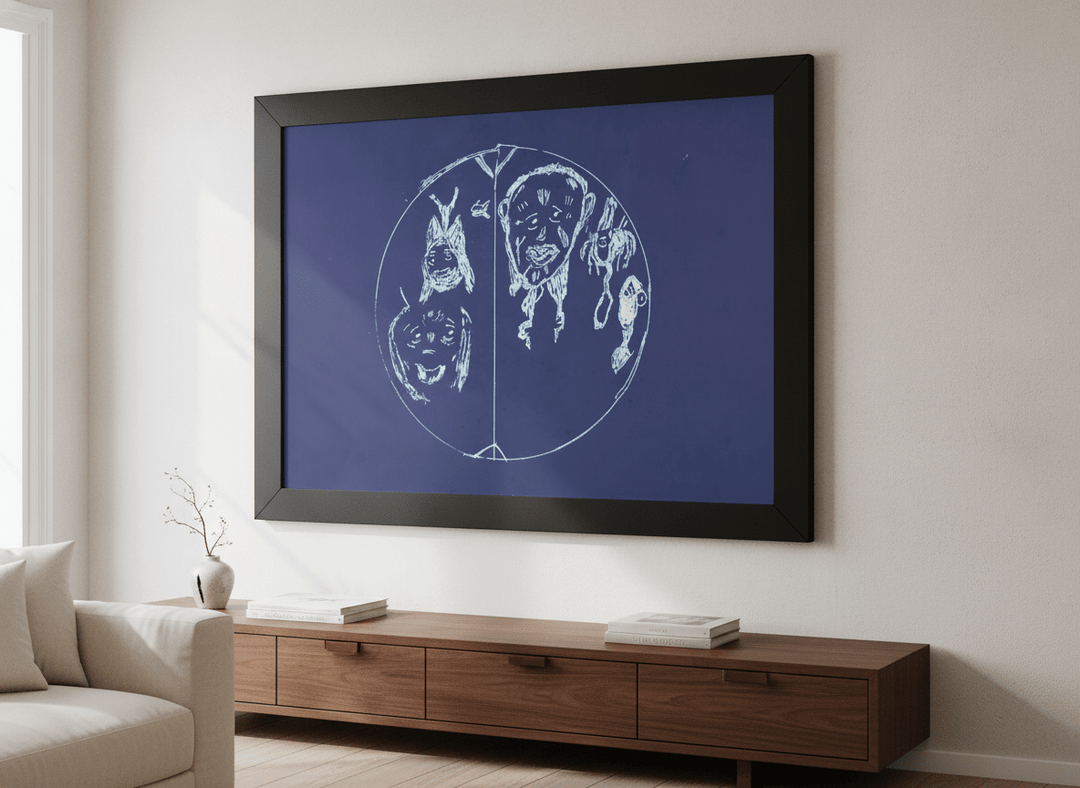 Modern wall art styled above a sofa in a neutral living room
