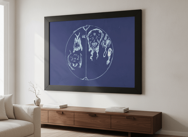 Modern wall art styled above a sofa in a neutral living room