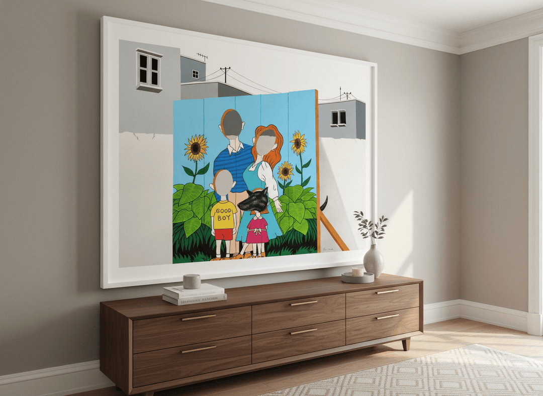 Monumental artwork centred on a feature wall in a luxe interior