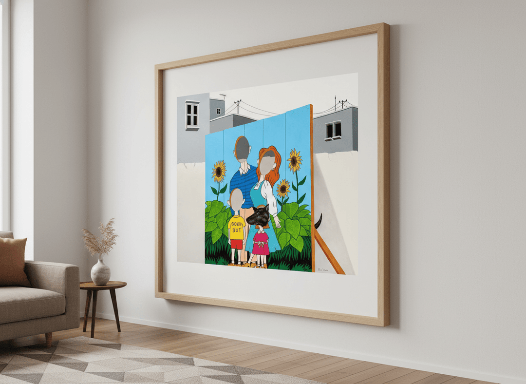 Modern wall art styled above a sofa in a neutral living room