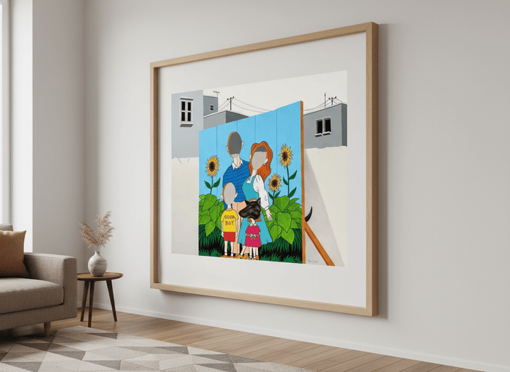 Modern wall art styled above a sofa in a neutral living room
