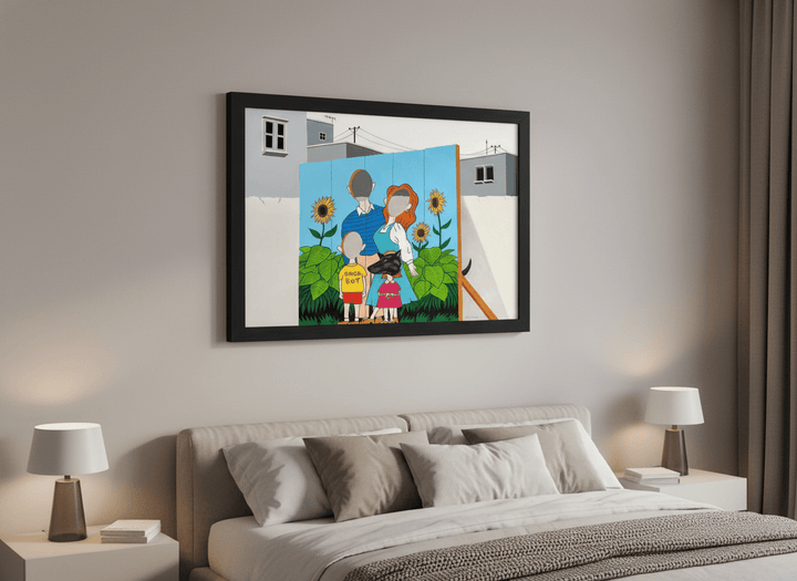 Minimalist artwork displayed in a calm, light-filled bedroom interior
