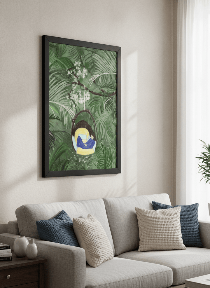 Artwork displayed above a credenza in a real-looking contemporary home