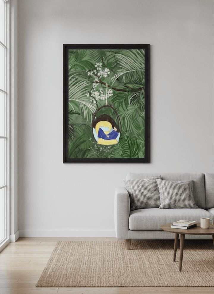 Modern wall art styled above a sofa in a neutral living room