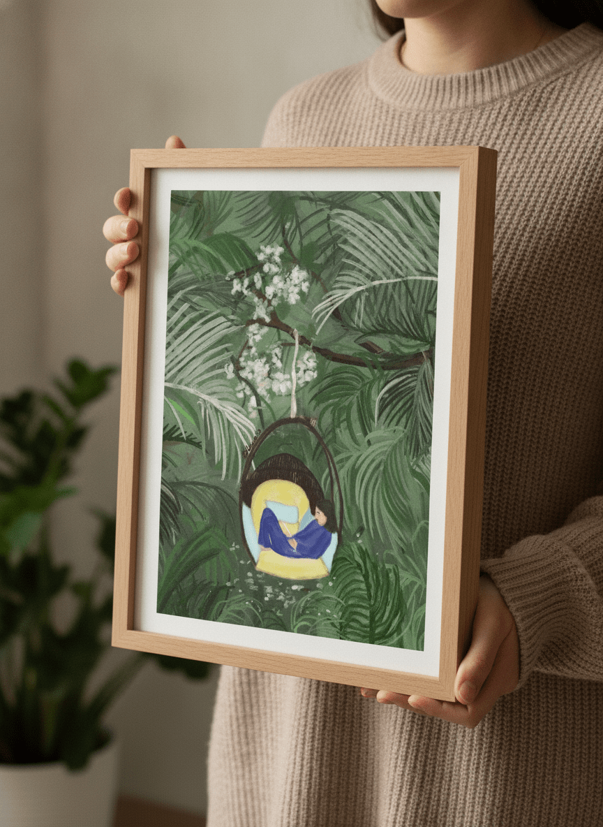 Person showcasing the artwork against a clean modern interior wall