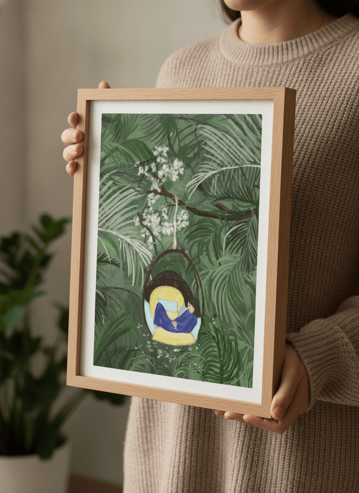 Person showcasing the artwork against a clean modern interior wall