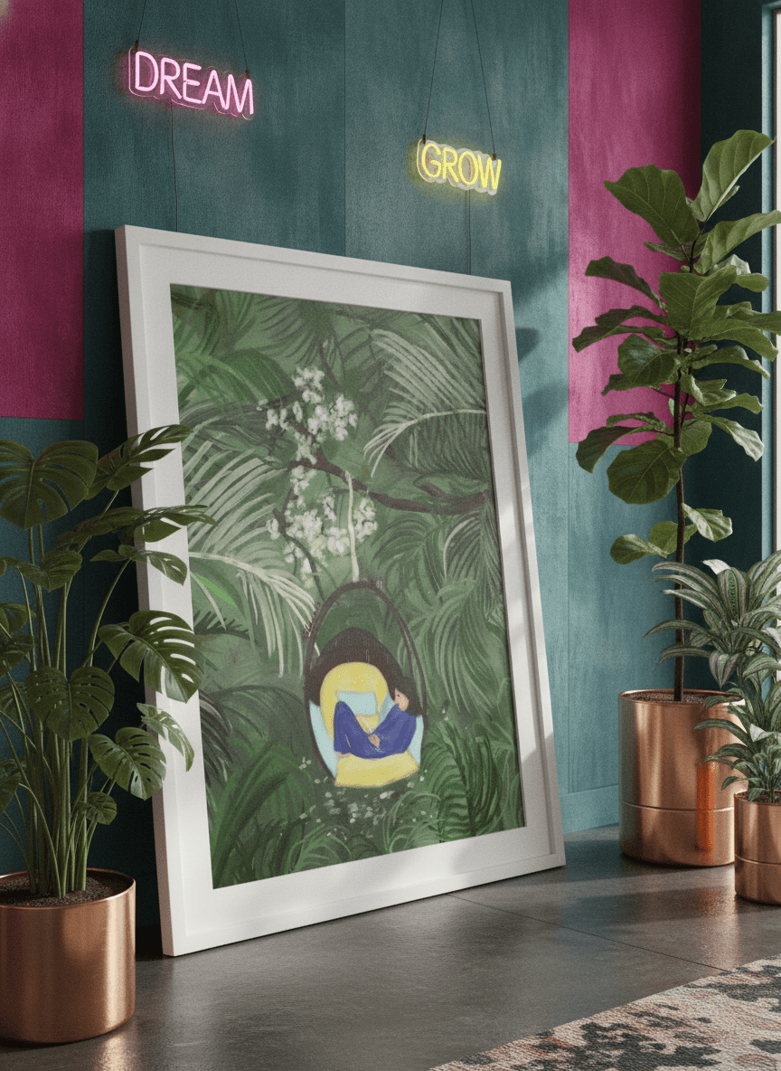 Bold wall art styled in a colourful, eclectic modern home