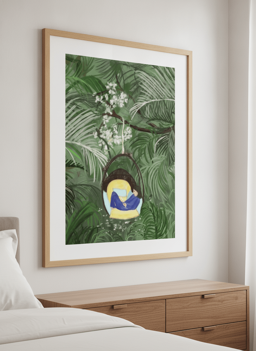Minimalist artwork displayed in a calm, light-filled bedroom interior