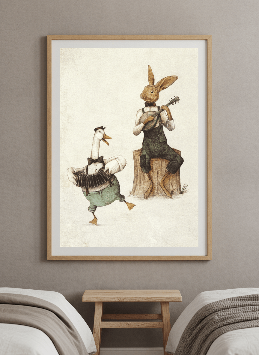 Minimalist artwork displayed in a calm, light-filled bedroom interior