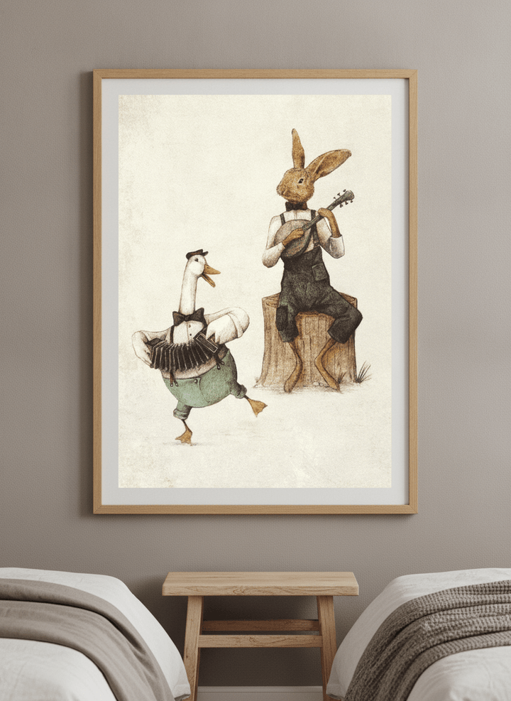 Minimalist artwork displayed in a calm, light-filled bedroom interior
