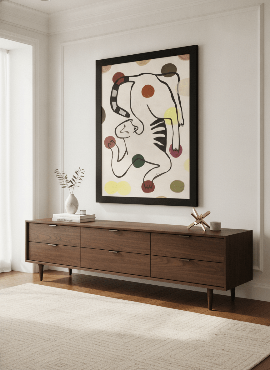 Monumental artwork centred on a feature wall in a luxe interior