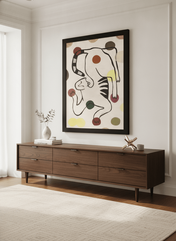 Monumental artwork centred on a feature wall in a luxe interior