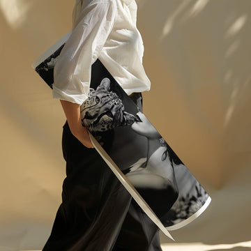 Person wearing a white shirt with black and white patterned shoes on a beige background