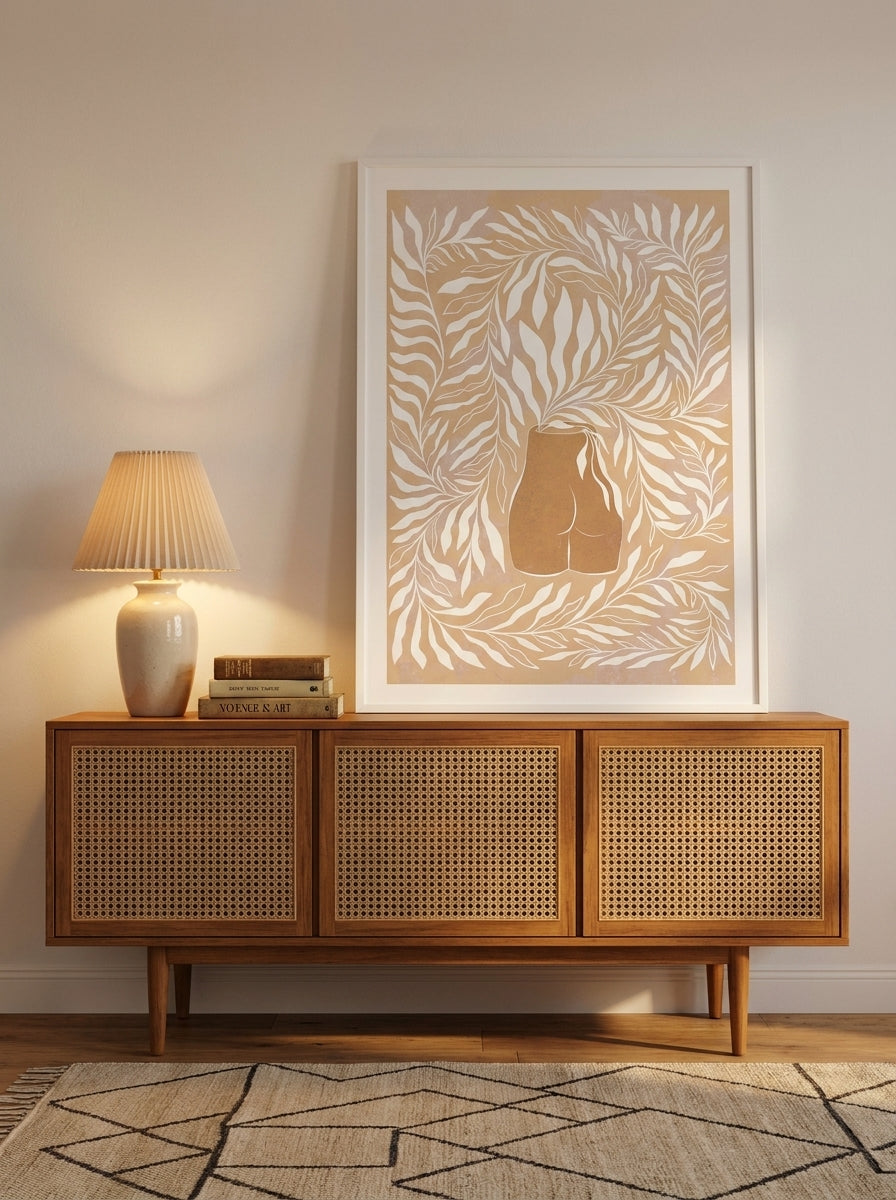 Modern wall art print standing on a sideboard in a mid-century bedroom