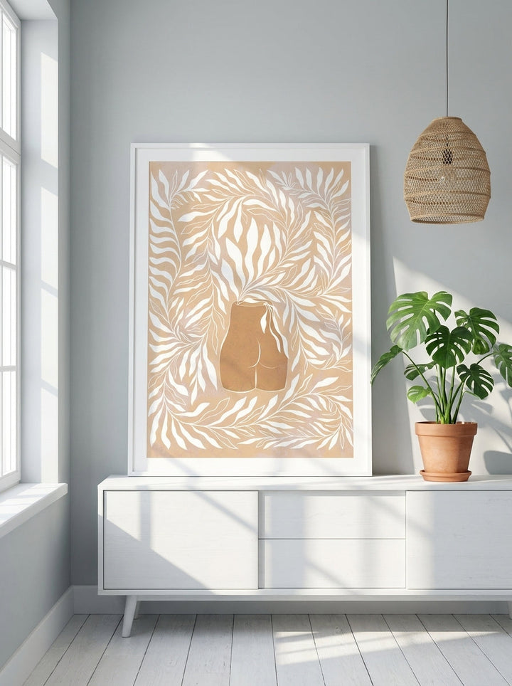 Modern wall art print standing on a sideboard in a bright Scandinavian bathroom